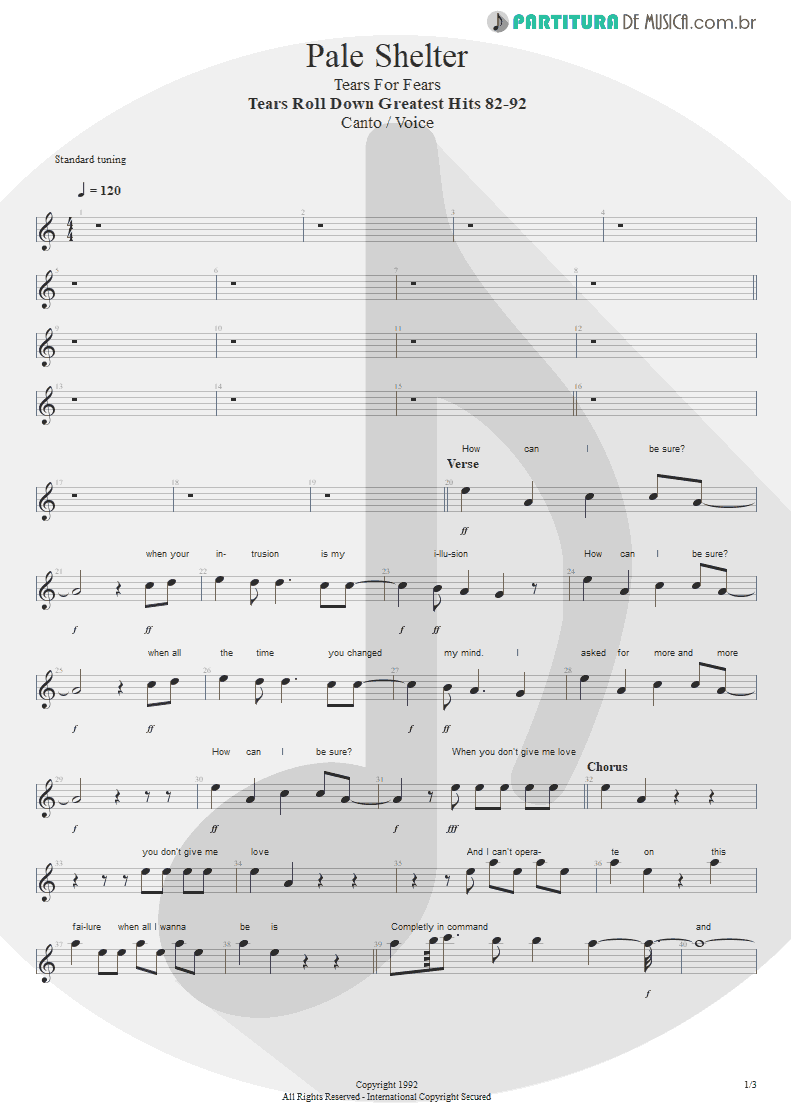 Partitura de musica de Canto - Pale Shelter | Tears for Fears | Tears Roll Down - Greatest Hits 82-92 1992 - pag 1