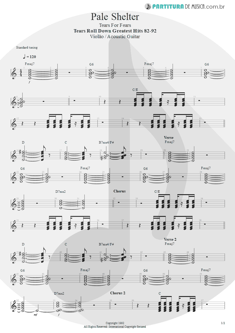 Partitura de musica de Violão - Pale Shelter | Tears for Fears | Tears Roll Down - Greatest Hits 82-92 1992 - pag 1