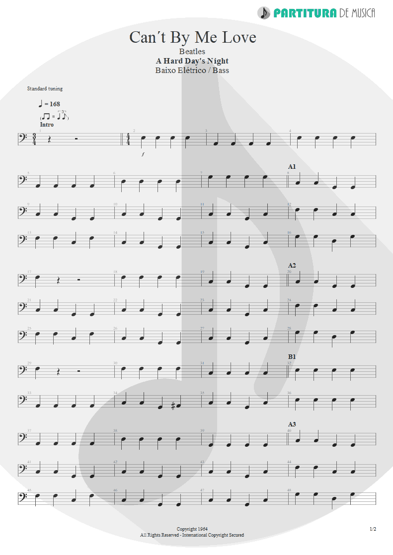 Partitura de musica de Baixo Elétrico - Can´t Buy Me Love | The Beatles | A Hard Day's Night 1964 - pag 1