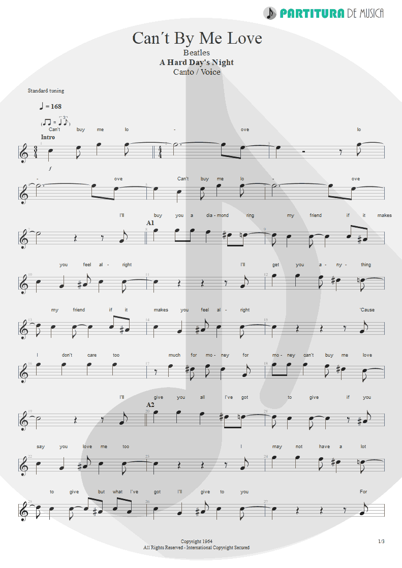 Partitura de musica de Canto - Can´t Buy Me Love | The Beatles | A Hard Day's Night 1964 - pag 1