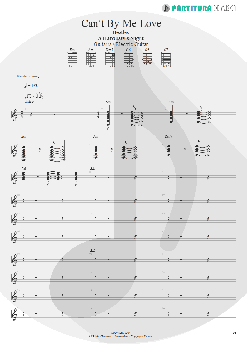 Partitura de musica de Guitarra Elétrica - Can´t Buy Me Love | The Beatles | A Hard Day's Night 1964 - pag 1