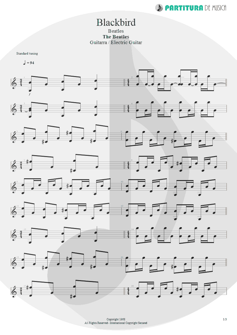 Partitura de musica de Guitarra Elétrica - Blackbird | The Beatles | The Beatles 1968 - pag 1
