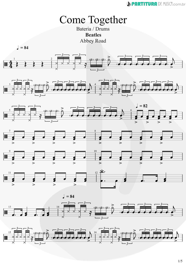 Partitura de musica de Bateria - Come Together | The Beatles | Abbey Road 1969 - pag 1