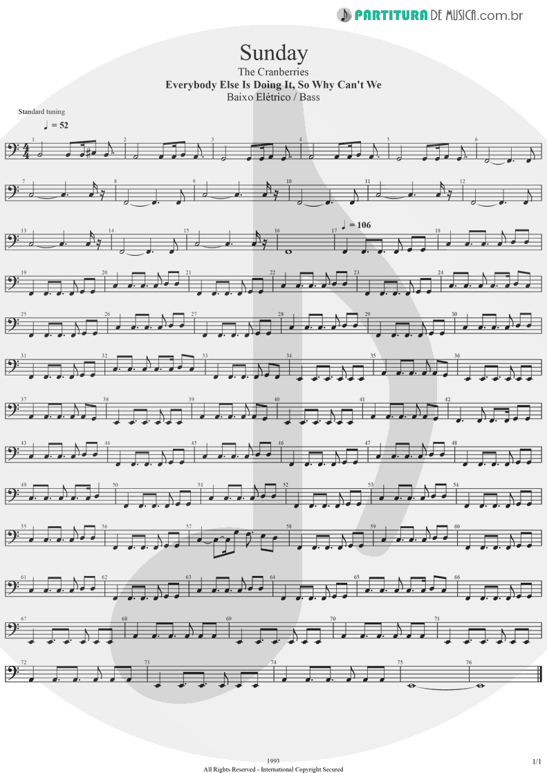 Partitura de musica de Baixo Elétrico - Sunday | The Cranberries | Everybody Else Is Doing It, So Why Can't We? 1993 - pag 1