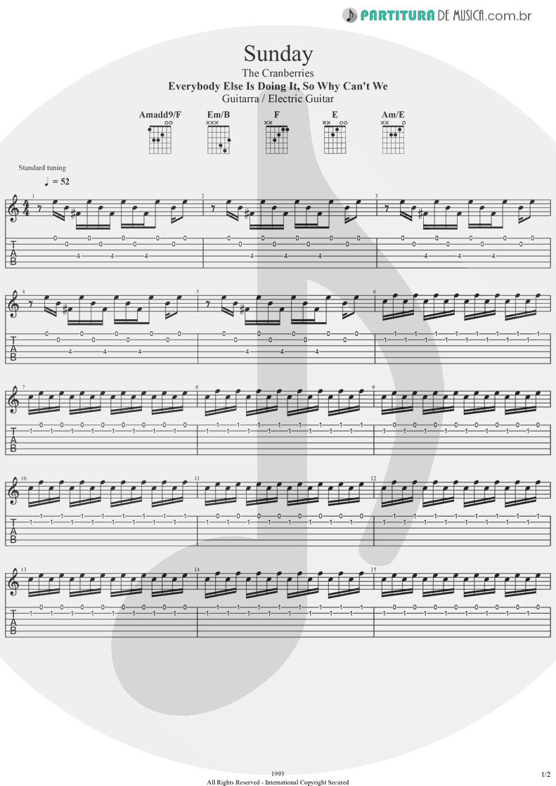 Tablatura + Partitura de musica de Guitarra Elétrica - Sunday | The Cranberries | Everybody Else Is Doing It, So Why Can't We? 1993 - pag 1