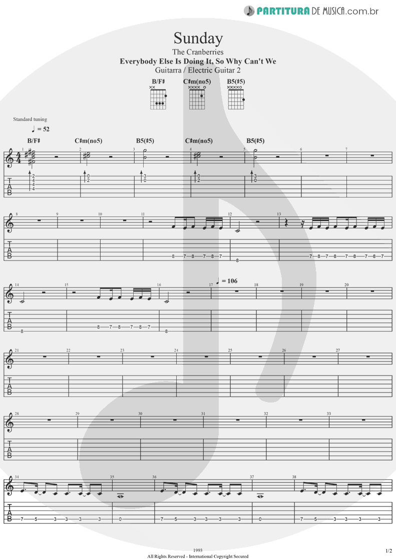 Tablatura + Partitura de musica de Guitarra Elétrica - Sunday | The Cranberries | Everybody Else Is Doing It, So Why Can't We? 1993 - pag 1