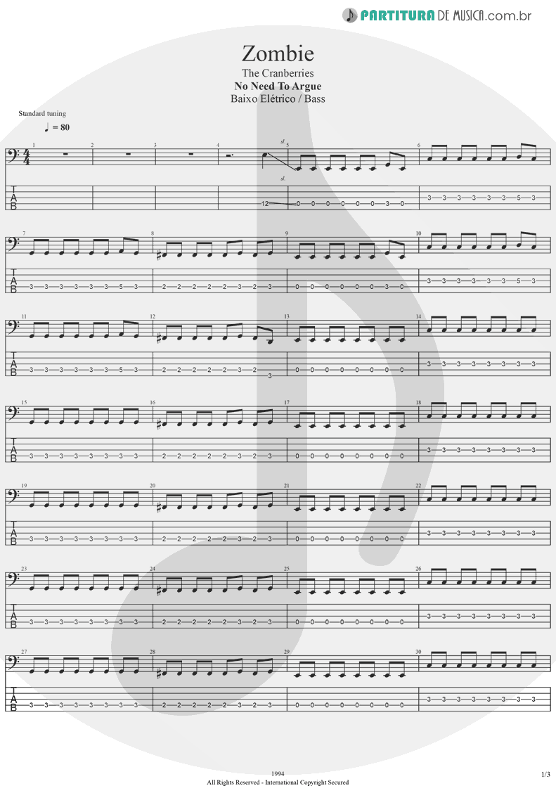 Tablatura + Partitura de musica de Baixo Elétrico - Zombie | The Cranberries | No Need to Argue 1994 - pag 1