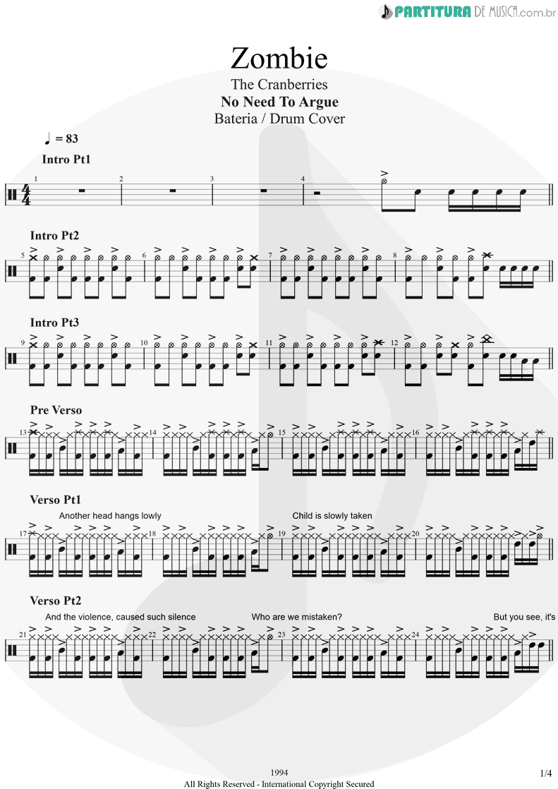 Partitura de musica de Bateria - Zombie | The Cranberries | No Need to Argue 1994 - pag 1