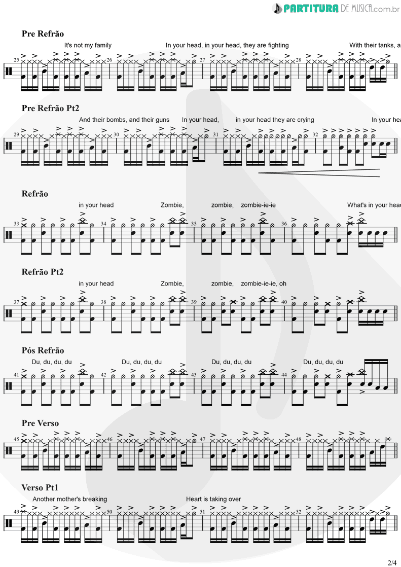 Partitura de musica de Bateria - Zombie | The Cranberries | No Need to Argue 1994 - pag 2