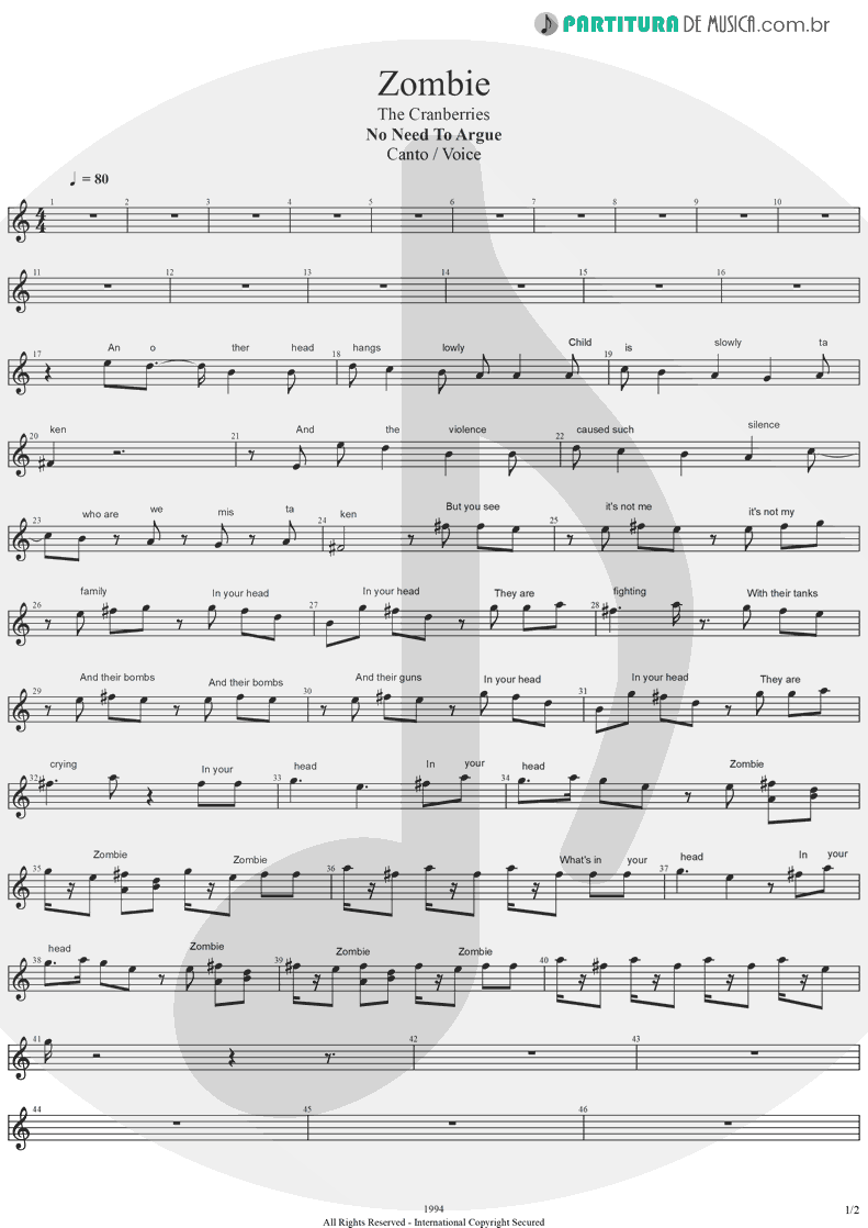 Partitura de musica de Canto - Zombie | The Cranberries | No Need to Argue 1994 - pag 1