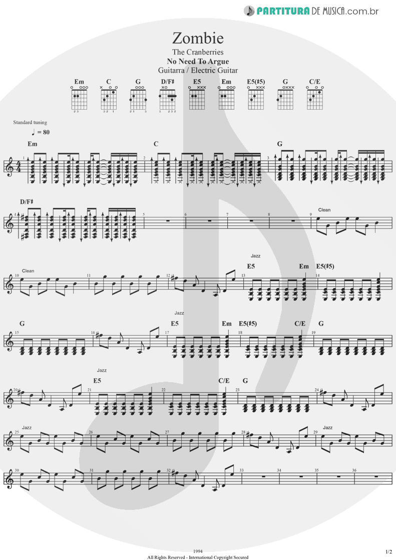 Partitura de musica de Guitarra Elétrica - Zombie | The Cranberries | No Need to Argue 1994 - pag 1