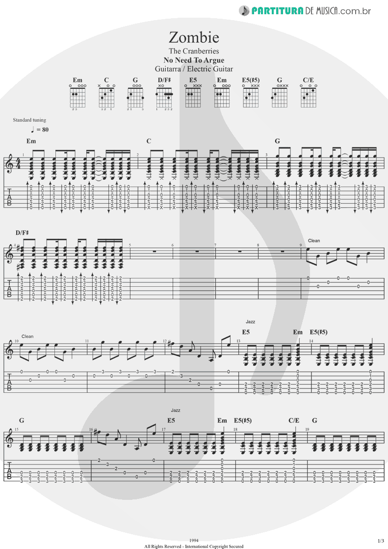 Tablatura + Partitura de musica de Guitarra Elétrica - Zombie | The Cranberries | No Need to Argue 1994 - pag 1