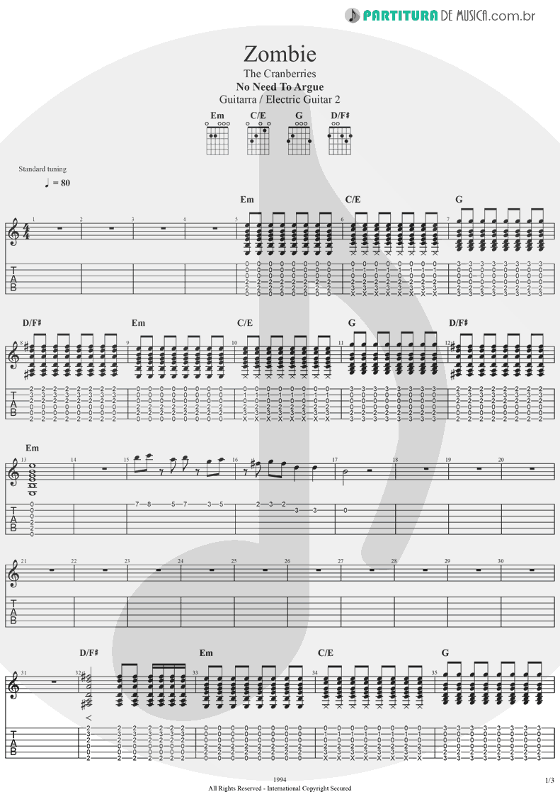 Tablatura + Partitura de musica de Guitarra Elétrica - Zombie | The Cranberries | No Need to Argue 1994 - pag 1