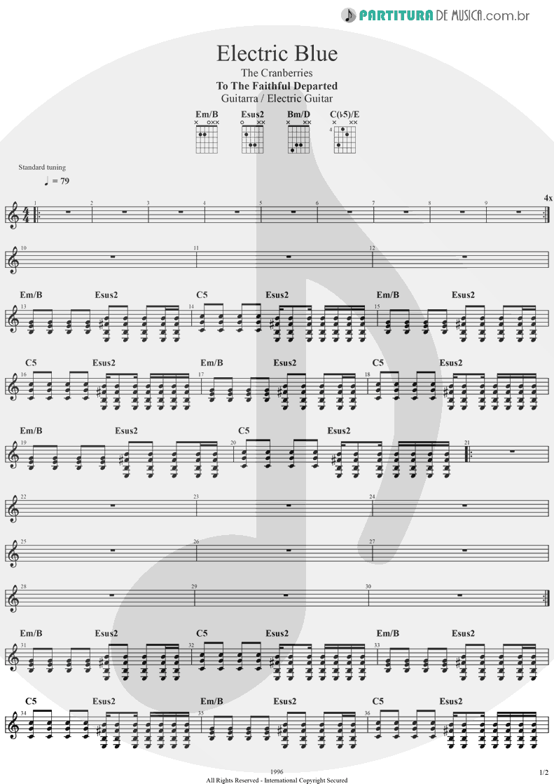 Partitura de musica de Guitarra Elétrica - Electric Blue | The Cranberries | To the Faithful Departed 1996 - pag 1