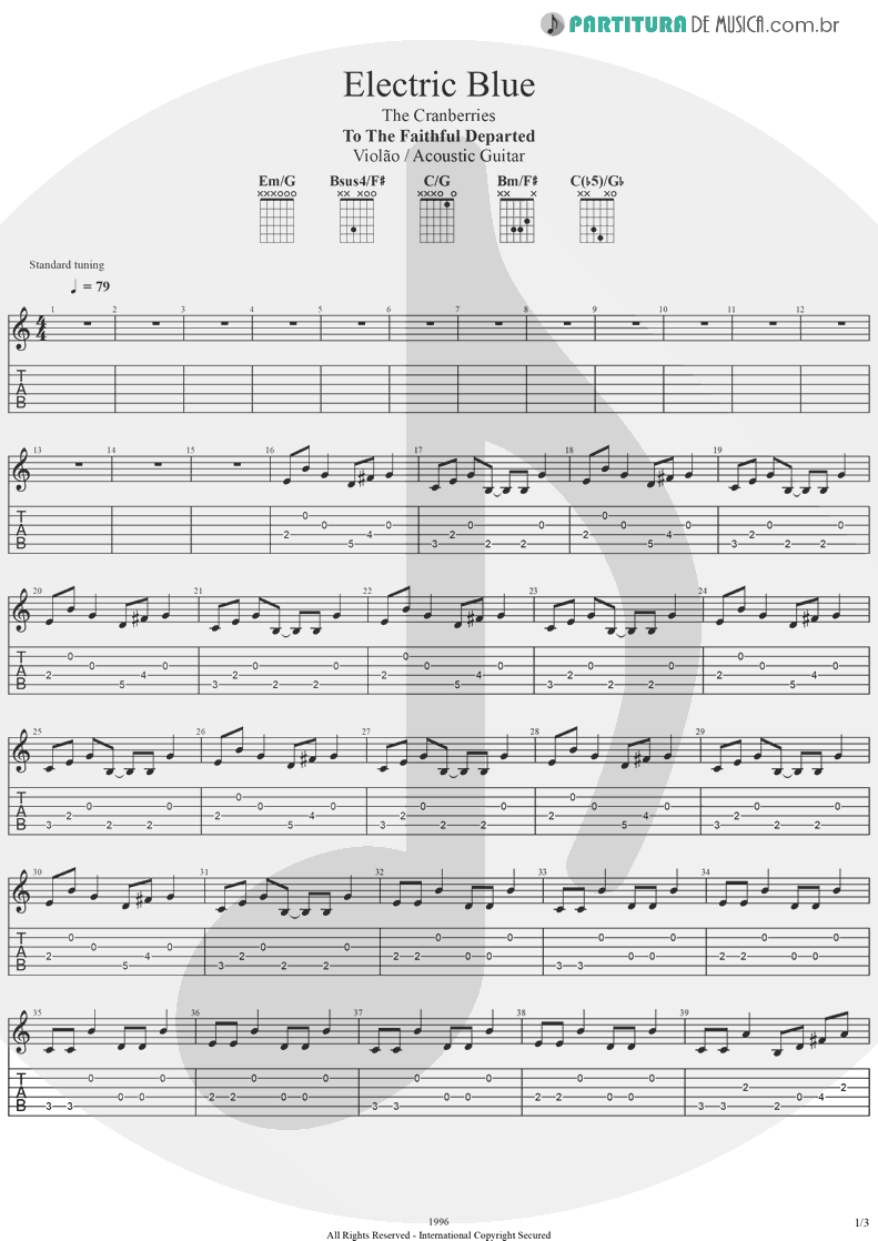 Tablatura + Partitura de musica de Violão - Electric Blue | The Cranberries | To the Faithful Departed 1996 - pag 1