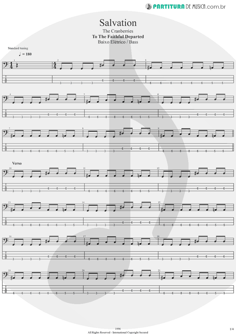 Tablatura + Partitura de musica de Baixo Elétrico - Salvation | The Cranberries | To the Faithful Departed 1996 - pag 1