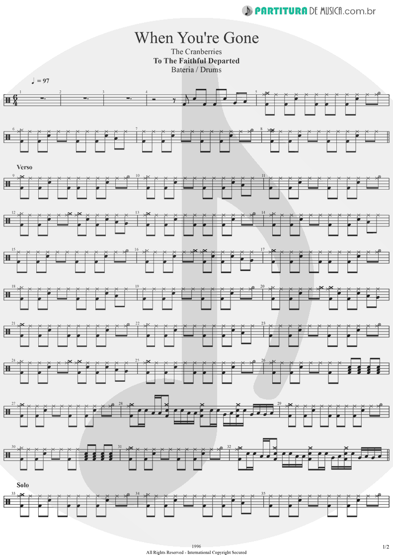 Partitura de musica de Bateria - When You're Gone | The Cranberries | To the Faithful Departed 1996 - pag 1