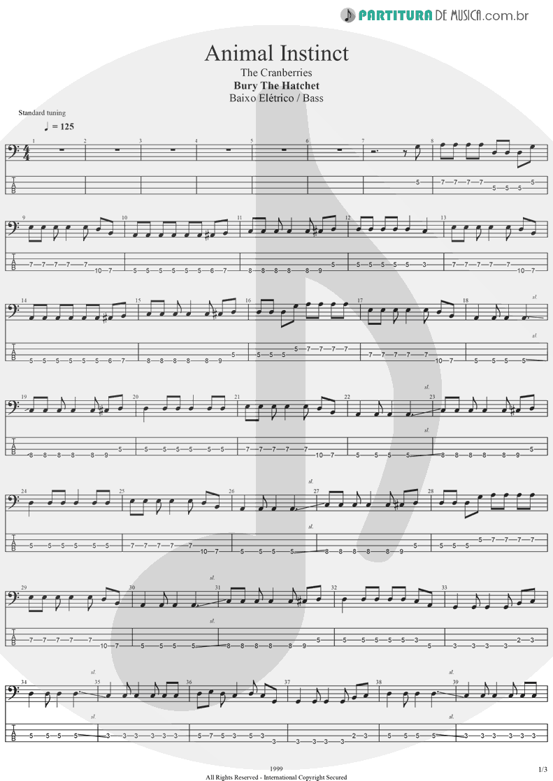 Tablatura + Partitura de musica de Baixo Elétrico - Animal Instinct | The Cranberries | Bury the Hatchet 1999 - pag 1