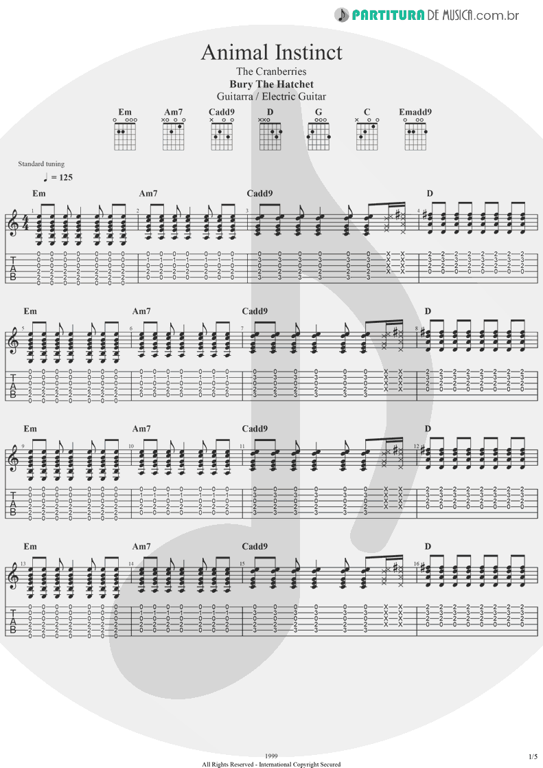 Tablatura + Partitura de musica de Guitarra Elétrica - Animal Instinct | The Cranberries | Bury the Hatchet 1999 - pag 1