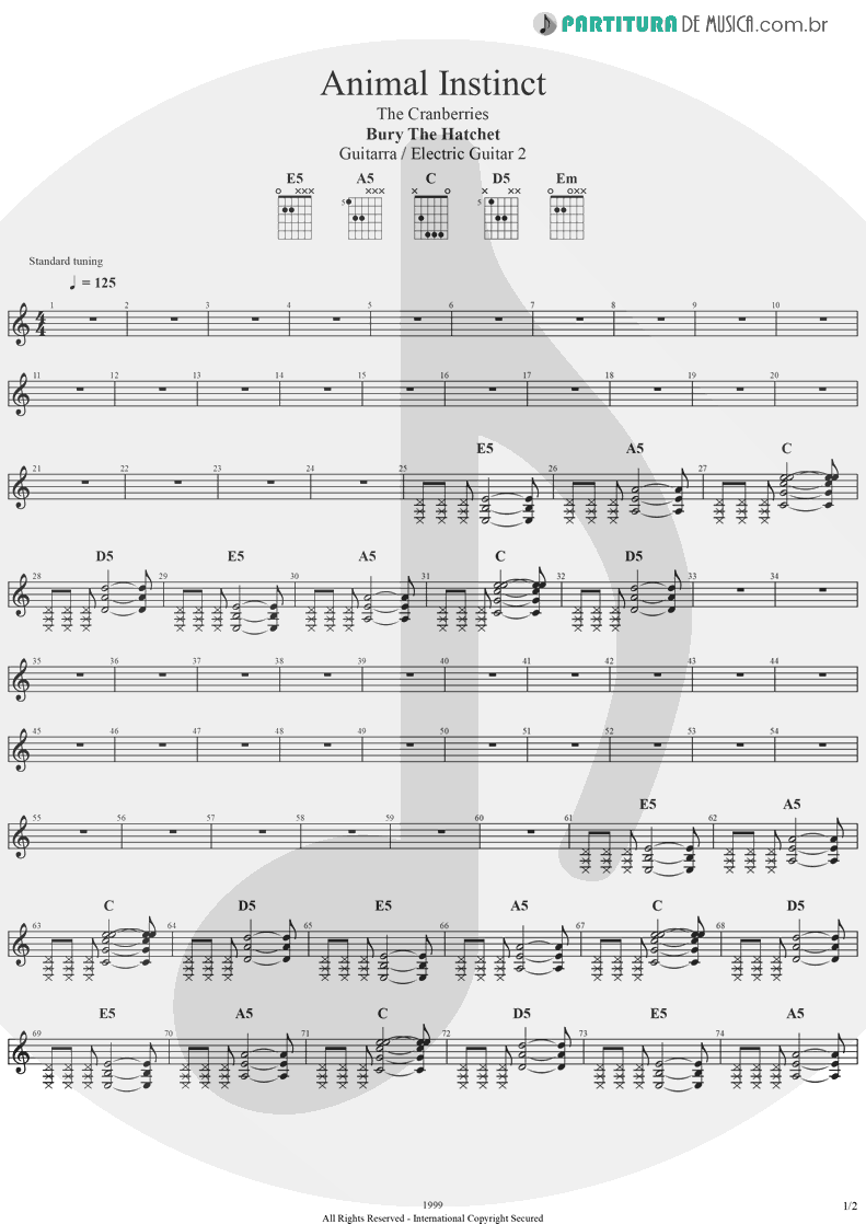Partitura de musica de Guitarra Elétrica - Animal Instinct | The Cranberries | Bury the Hatchet 1999 - pag 1