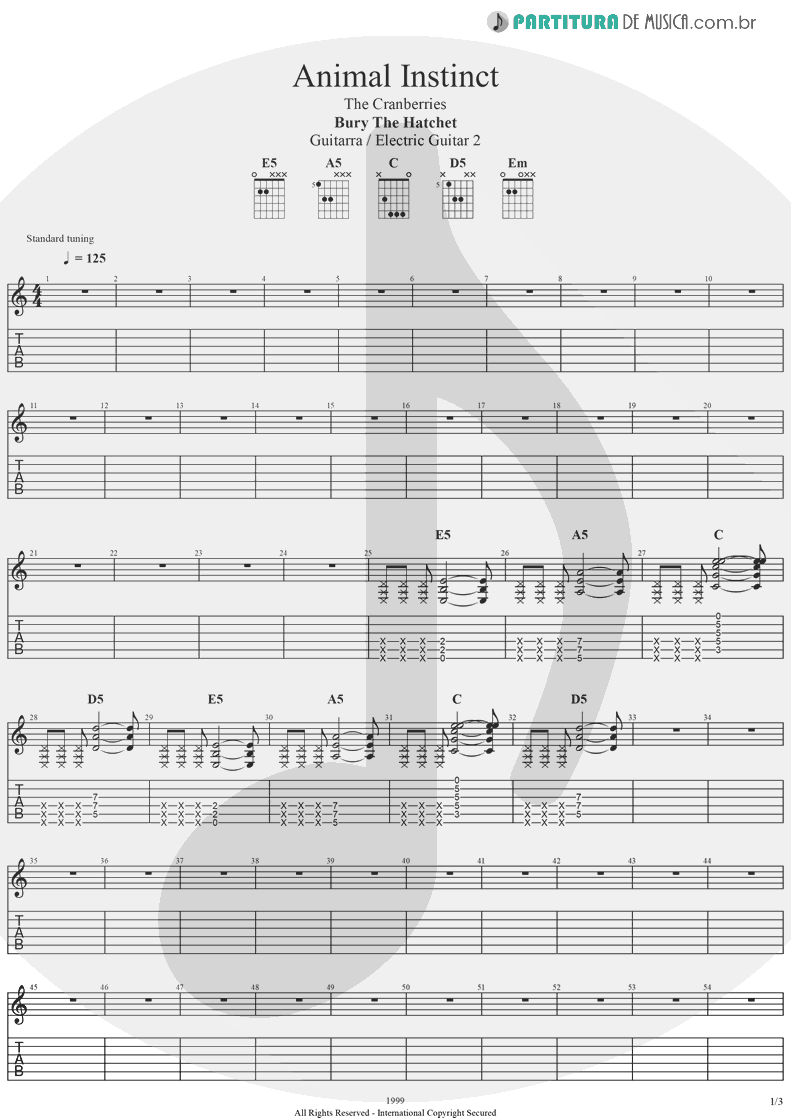 Tablatura + Partitura de musica de Guitarra Elétrica - Animal Instinct | The Cranberries | Bury the Hatchet 1999 - pag 1