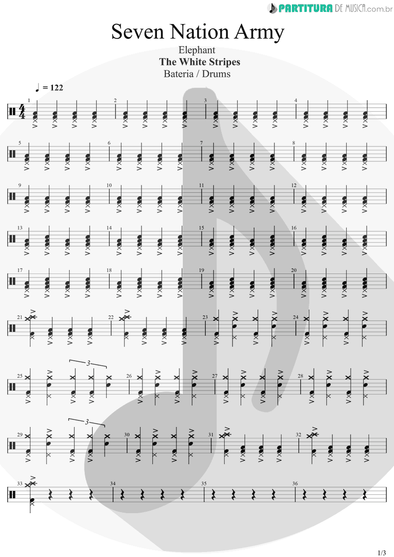 Partitura de musica de Bateria - Seven Nation Army | The White Stripes | Elephant 2003 - pag 1