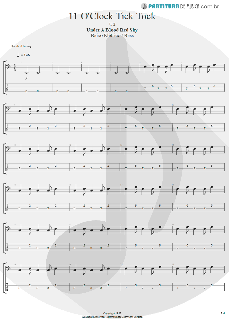 Tablatura + Partitura de musica de Baixo Elétrico - 11 O'Clock Tick Tock | U2 | Under a Blood Red Sky 1983 - pag 1