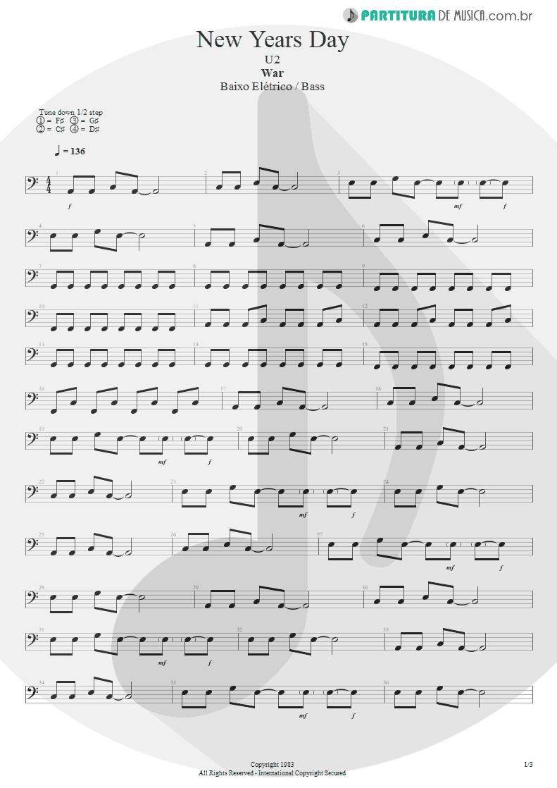 Partitura de musica de Baixo Elétrico - New Years Day | U2 | War 1983 - pag 1