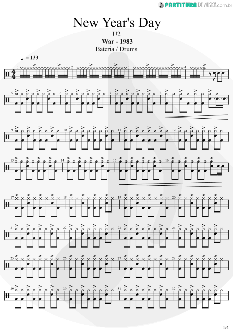 Partitura de musica de Bateria - New Year's Day | U2 | War 1983 - pag 1