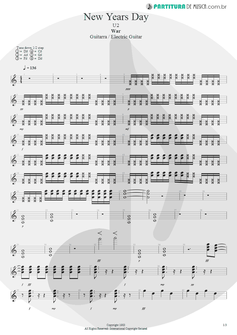 Partitura de musica de Guitarra Elétrica - New Years Day | U2 | War 1983 - pag 1