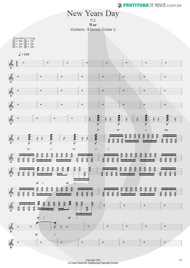 Partitura de musica de Guitarra Elétrica - New Years Day | U2 | War 1983 - pag 1