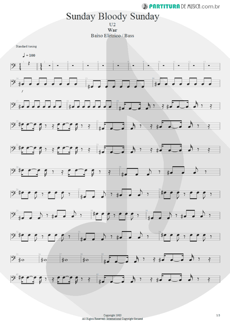 Partitura de musica de Baixo Elétrico - Sunday Bloody Sunday | U2 | War 1983 - pag 1