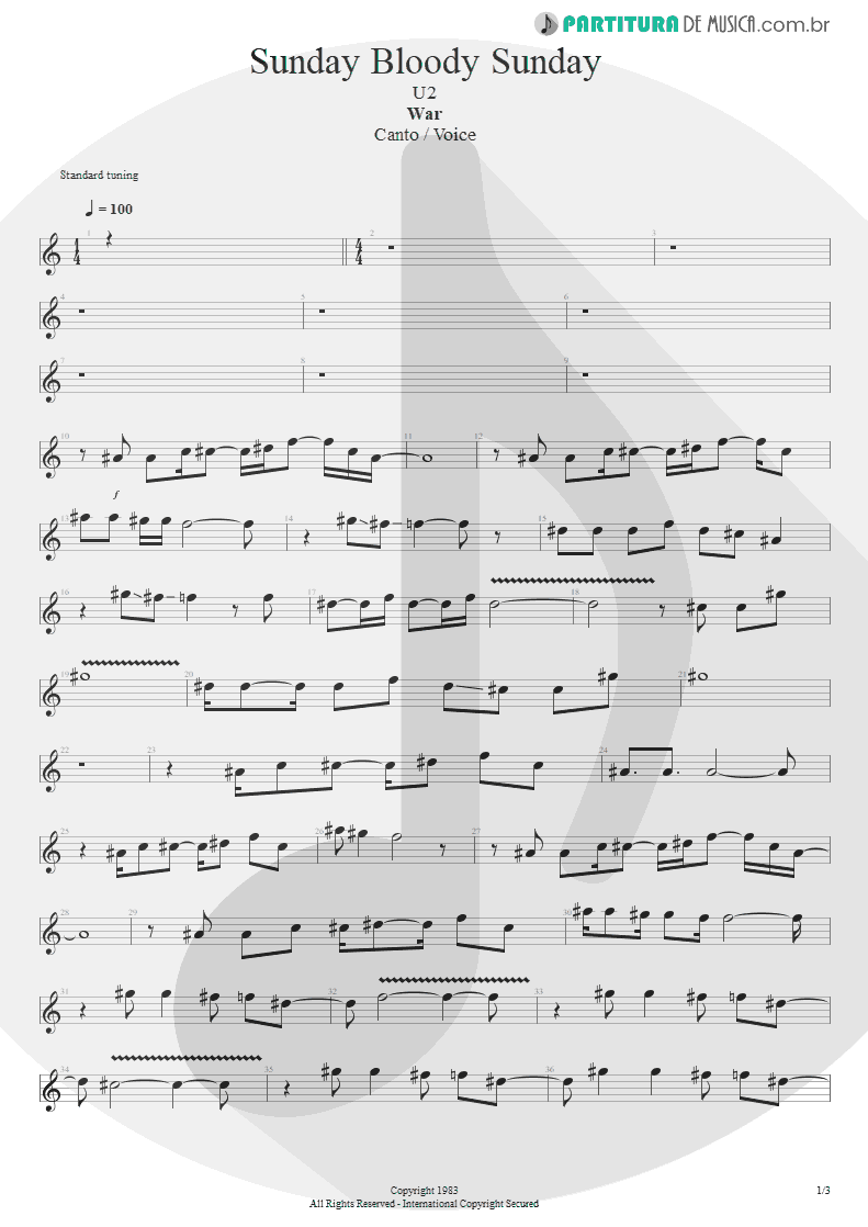 Partitura de musica de Canto - Sunday Bloody Sunday | U2 | War 1983 - pag 1