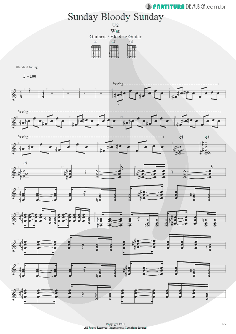 Partitura de musica de Guitarra Elétrica - Sunday Bloody Sunday | U2 | War 1983 - pag 1