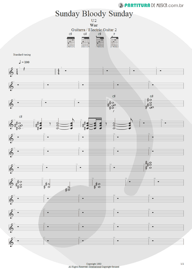 Partitura de musica de Guitarra Elétrica - Sunday Bloody Sunday | U2 | War 1983 - pag 1