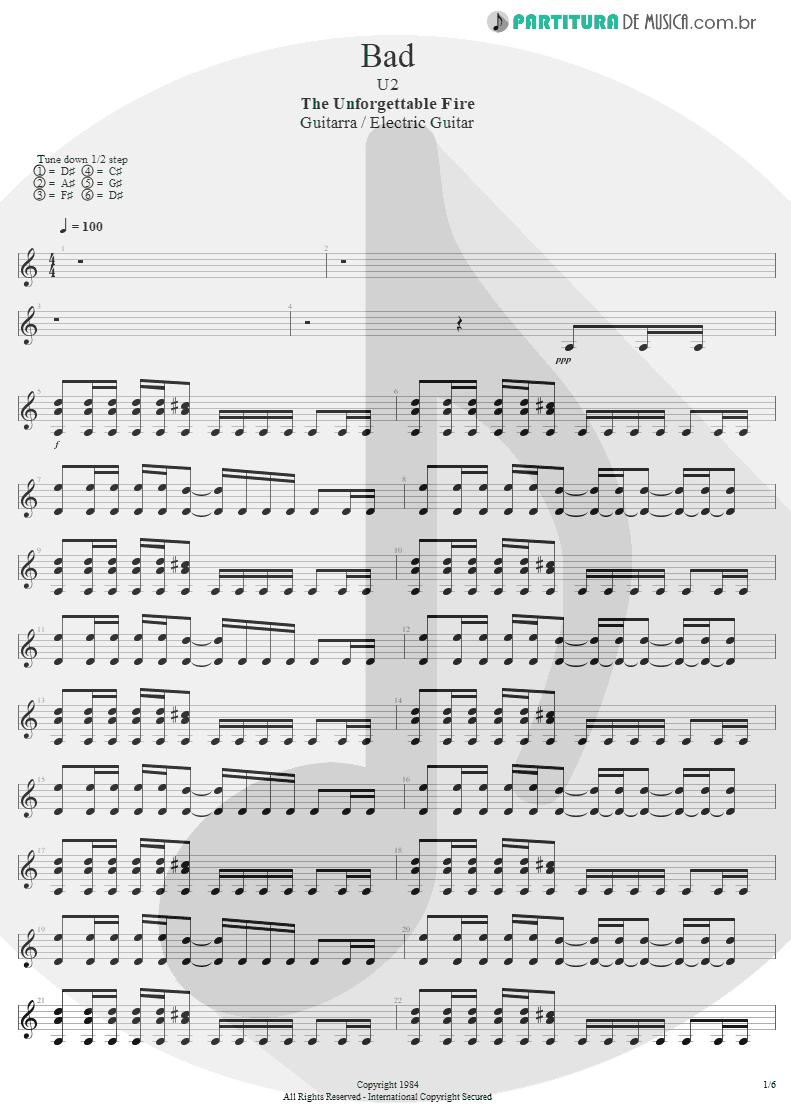 Partitura de musica de Guitarra Elétrica - Bad | U2 | The Unforgettable Fire 1984 - pag 1