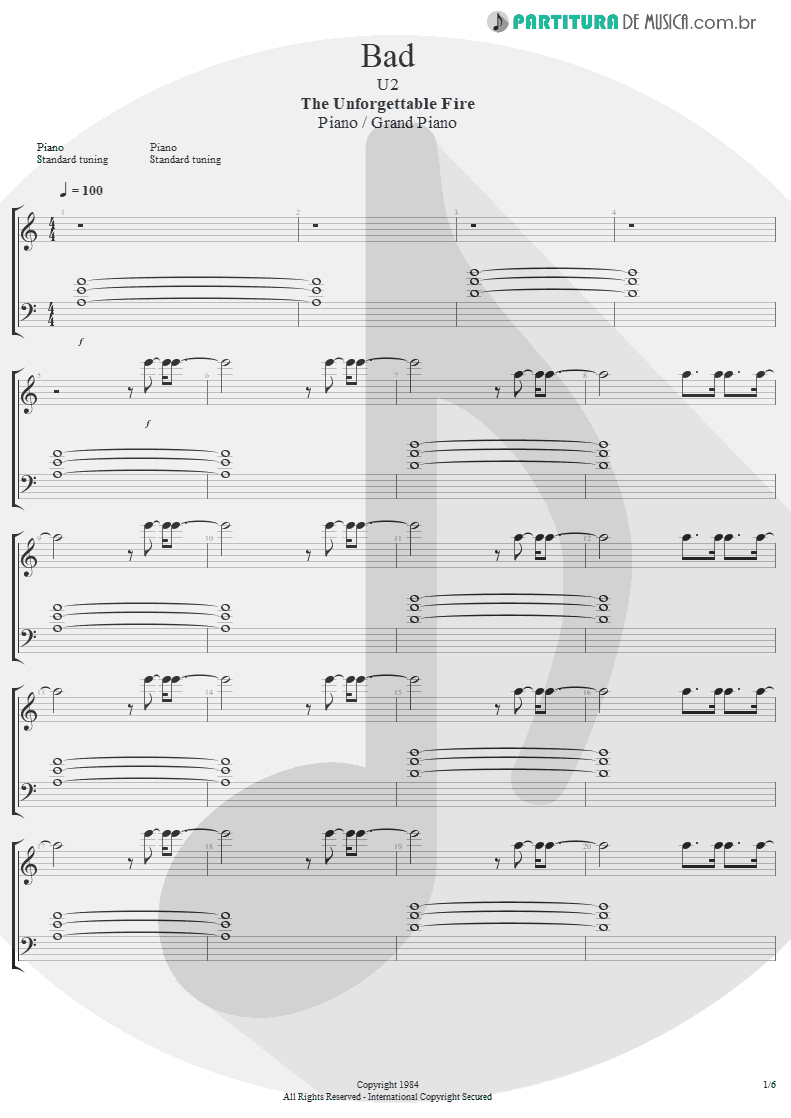 Partitura de musica de Piano - Bad | U2 | The Unforgettable Fire 1984 - pag 1