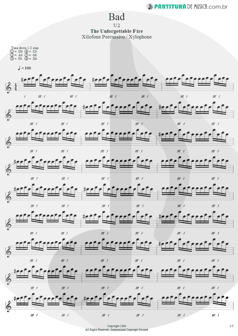 Partitura de musica de Xilofone percussivo - Bad | U2 | The Unforgettable Fire 1984 - pag 1