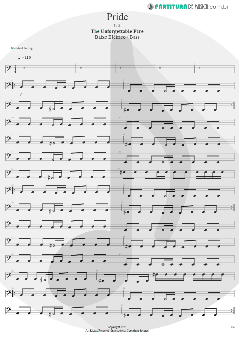 Partitura de musica de Baixo Elétrico - Pride | U2 | The Unforgettable Fire 1984 - pag 1