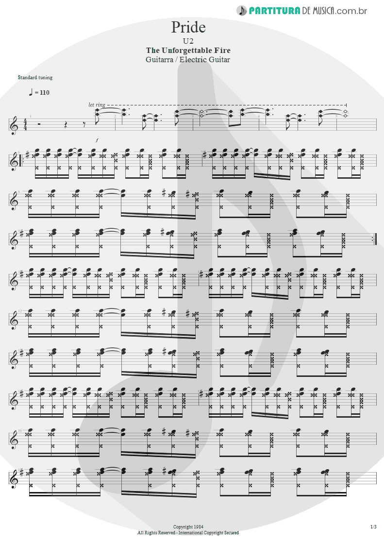 Partitura de musica de Guitarra Elétrica - Pride | U2 | The Unforgettable Fire 1984 - pag 1