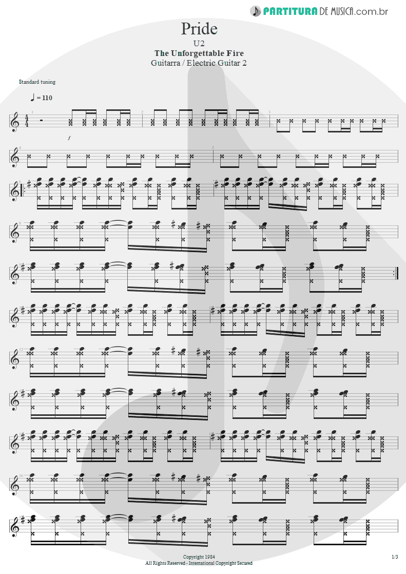 Partitura de musica de Guitarra Elétrica - Pride | U2 | The Unforgettable Fire 1984 - pag 1