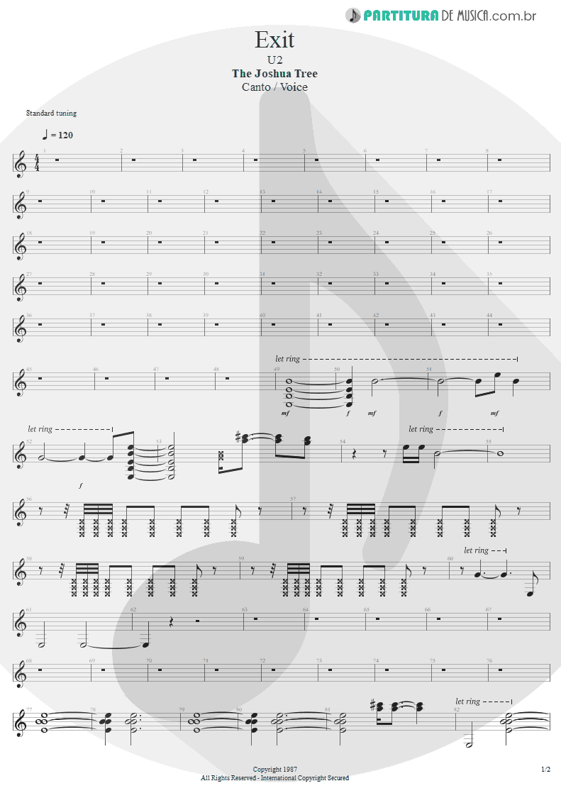 Partitura de musica de Canto - Exit | U2 | The Joshua Tree 1987 - pag 1