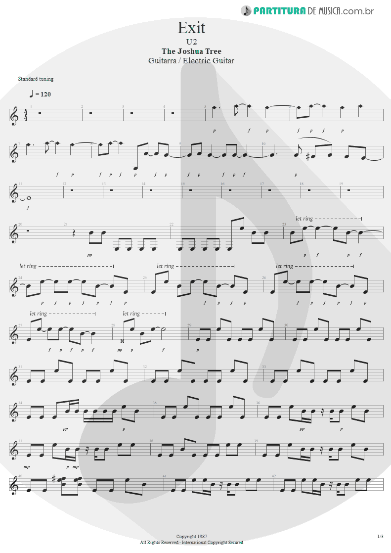 Partitura de musica de Guitarra Elétrica - Exit | U2 | The Joshua Tree 1987 - pag 1