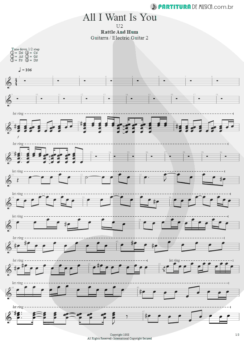 Partitura de musica de Guitarra Elétrica - All I Want Is You | U2 | Rattle and Hum 1988 - pag 1