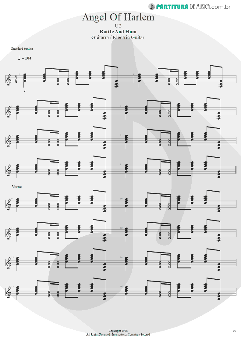 Partitura de musica de Guitarra Elétrica - Angel Of Harlem | U2 | Rattle and Hum 1988 - pag 1