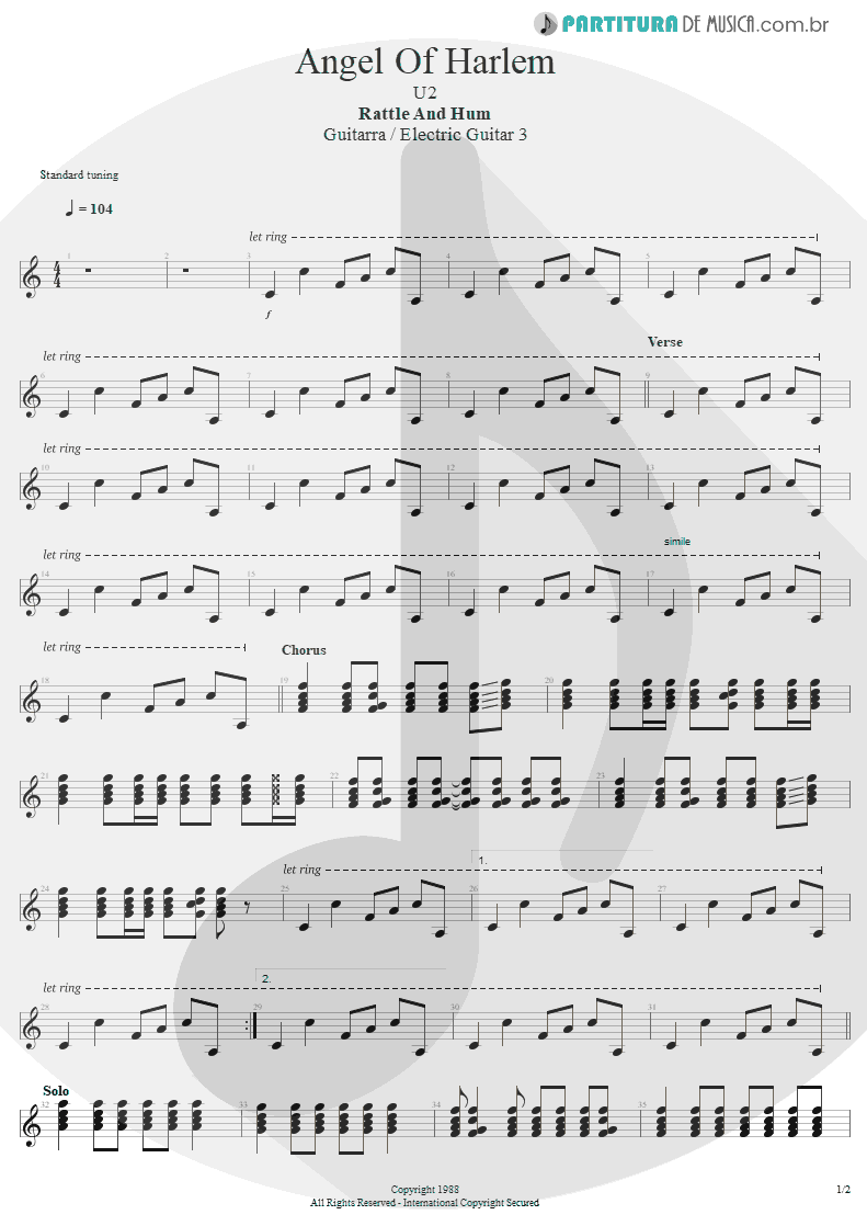 Partitura de musica de Guitarra Elétrica - Angel Of Harlem | U2 | Rattle and Hum 1988 - pag 1