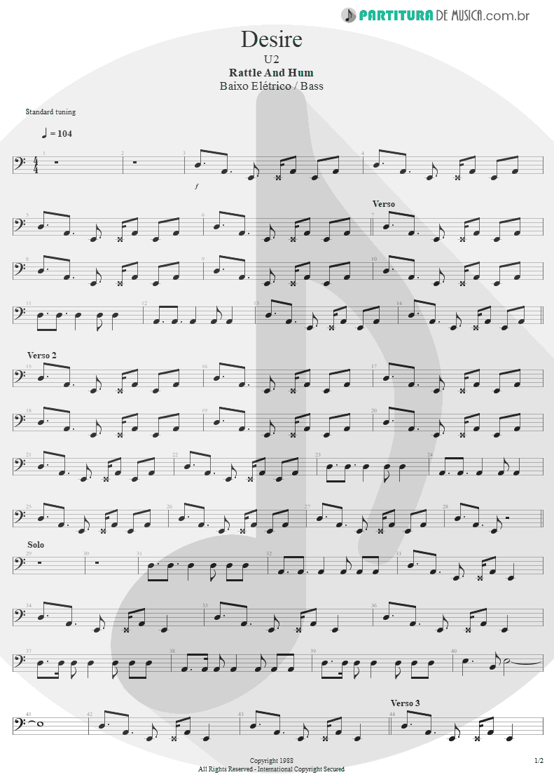 Partitura de musica de Baixo Elétrico - Desire | U2 | Rattle and Hum 1988 - pag 1