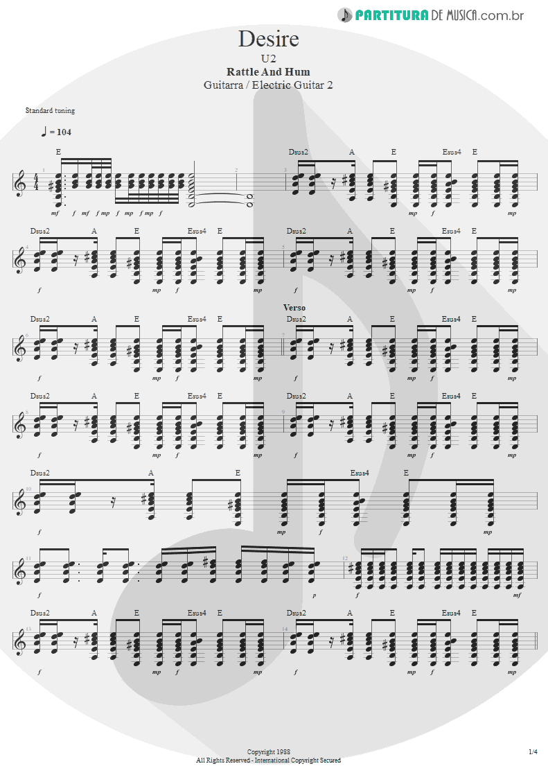 Partitura de musica de Guitarra Elétrica - Desire | U2 | Rattle and Hum 1988 - pag 1