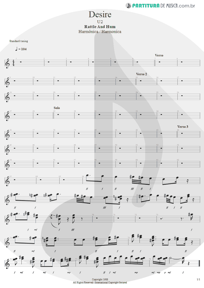 Partitura de musica de Harmônica - Desire | U2 | Rattle and Hum 1988 - pag 1