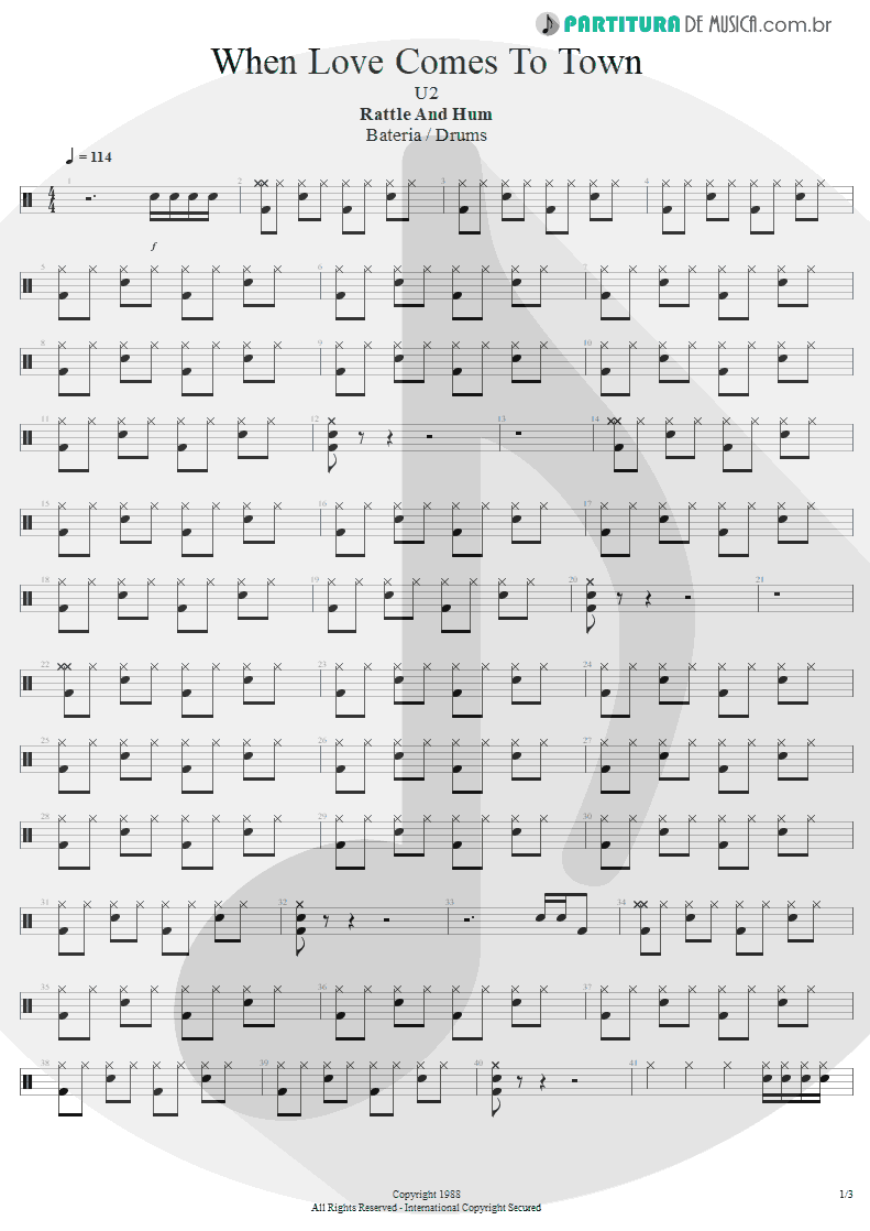 Partitura de musica de Bateria - When Love Comes To Town | U2 | Rattle and Hum 1988 - pag 1